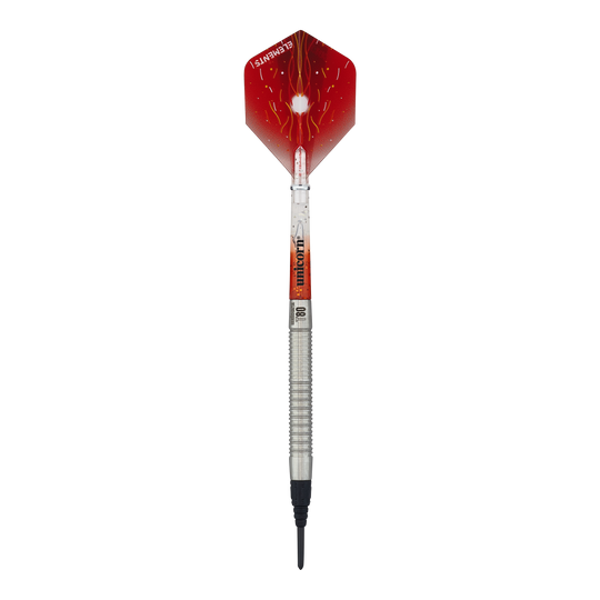 Unicorn Core XL Striker Style 1 Miękkie lotki - 19 g Auf dem Bild ist ein Softdart der Marke Unicorn Core XL Striker Style 1 mit einem Gewicht von 19g zu sehen. Die Flights sind rot mit einem weißen Muster, und der Schaft ist silbern.