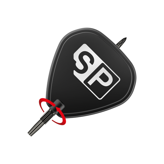 Groty do lotek Target Swiss DS Surge Point - czarne Das Bild zeigt eine schwarze Dartspitze mit der Aufschrift „SP“. Ein roter Pfeil deutet auf das Gewinde hin und zeigt, dass die Spitze eingeschraubt werden kann.