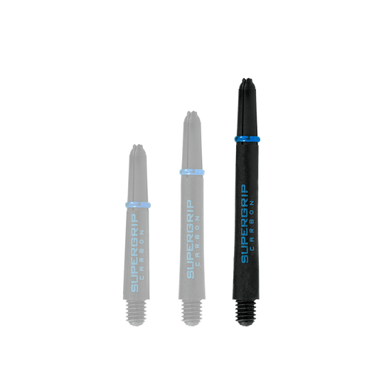 HR365_Harrows_Supergrip_Carbon_Shafts_Aqua_47mm_1 Das Bild zeigt drei Harrows Supergrip Carbon Shafts in der Farbe Aqua. Die Shafts sind unterschiedlich lang und stehen nebeneinander.