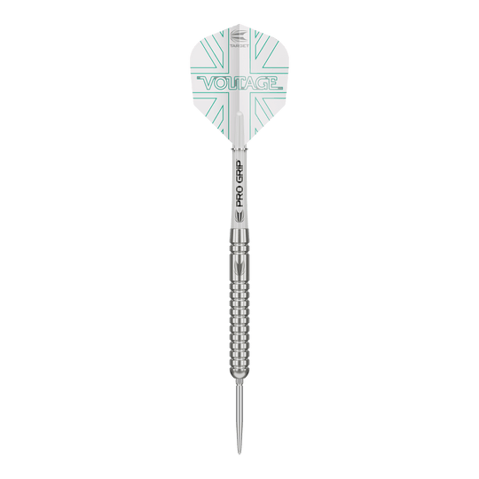 Lotki stalowe Target Rob Cross Voltage Swiss Point Das Bild zeigt einen Target Rob Cross Voltage Swiss Point Steeldart. Der Dart hat ein silbernes Design mit dem Schriftzug „VOLTAGE“ auf den Flights.
