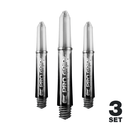 Target Pro Grip Vision Shafts - 3 zestawy - czarne Das Bild zeigt drei schwarze Pro Grip Vision Shafts für Darts. Unten rechts steht "3 Set", was auf ein Set mit drei Stück hinweist.