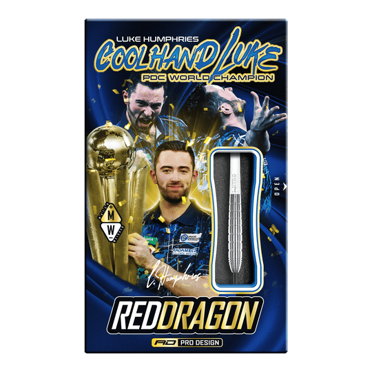 Die Abbildung zeigt die Red Dragon Luke Humphries TX1 Pioneer Steeldarts. Es handelt sich um hochwertige Steeldarts für professionelle Dartspieler.