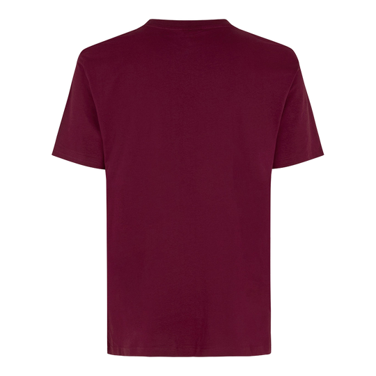 Dies ist ein kurzärmliges T-Shirt in der Farbe Bordeaux Rot. Das Bild zeigt die Rückseite des Shirts ohne Aufdruck oder Muster.