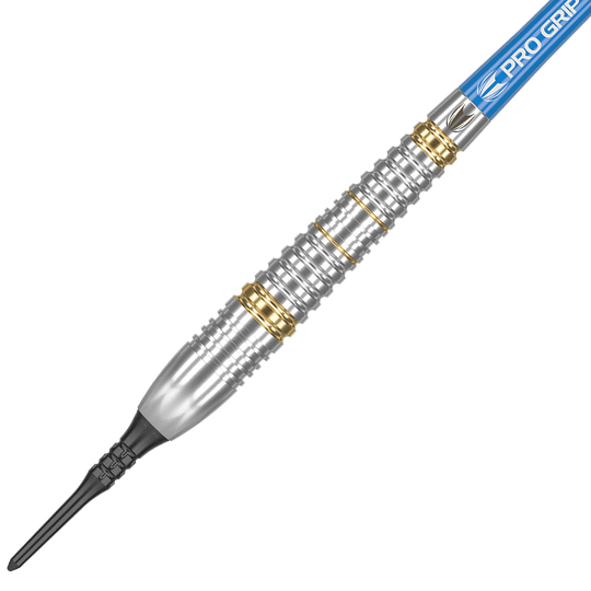 Das Bild zeigt einen Target Phil Taylor Brass Softdart mit einem Gewicht von 18 Gramm. Der Dart hat einen silbernen Körper mit goldenen Ringen und einer blauen Pro Grip Spitze.