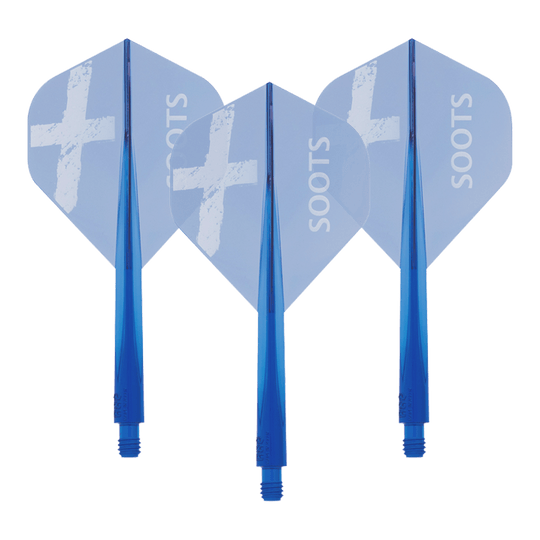 Condor AXE Soots Flight-System - Standard Das Bild zeigt drei blaue Dart-Flights des Produkts "Condor AXE Soots Flight-System - Standard". Auf jedem Flight steht das Wort "SOOTS" und ein weißes Kreuz ist abgebildet.
