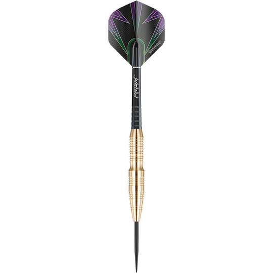 1224_Winmau_Simon_Whitlock_Brass_Steeldarts_1C5xuuCdsfzTQN Winmau Simon Whitlock Brass Steeldarts liegen nebeneinander. Die Oberfläche und Flights sind zu erkennen.