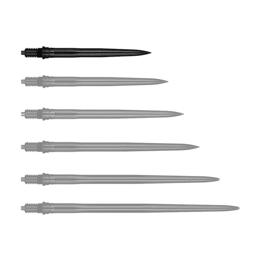 Das Bild zeigt schwarze Dartspitzen mit glatter Oberfläche, vermutlich 28 mm lang. Die Datei trägt den Namen EVO181_Caliburn_EZ-EVO_Dartspitzen_Smooth_Schwarz_28mm_1.