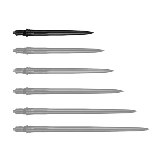Końcówki do lotek Caliburn EZ-EVO – gładkie – czarne Das Bild zeigt schwarze Dartspitzen mit glatter Oberfläche, vermutlich 28 mm lang. Die Datei trägt den Namen EVO181_Caliburn_EZ-EVO_Dartspitzen_Smooth_Schwarz_28mm_1.