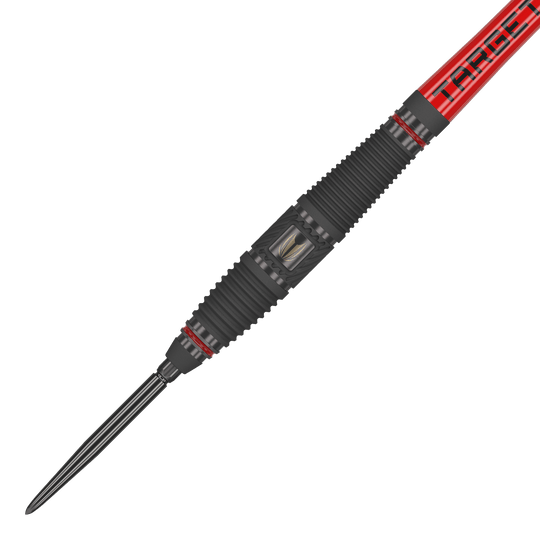 Stalowe lotki Target Scope 03 Swiss Point Das Bild zeigt ein Target Scope 03 Swiss Point Steeldart mit schwarzem und rotem Design. Die Oberfläche des Darts ist geriffelt und hat Metallakzente für besseren Halt.