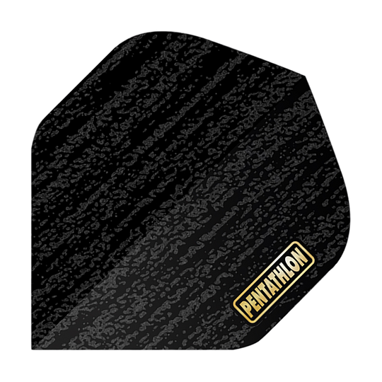 Pentathlon Flights RT Sandblast Das Bild zeigt ein schwarzes Dartflight mit sandgestrahltem Muster. In der unteren Ecke befindet sich das goldene Logo "PENTATHLON".