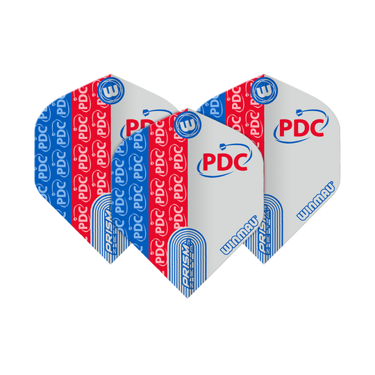 Das Bild zeigt drei Dartflights in den Farben Rot, Blau und Weiß mit dem Aufdruck "PDC" und "Winmau". Das Design ist modern und auffällig gestaltet.