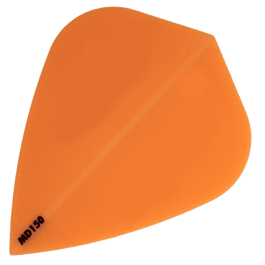 Das Bild zeigt das Produkt "McDart MD150 - Kite Flight", eine orangene Dart-Flugfeder. In der unteren linken Ecke steht die Bezeichnung "MD150".