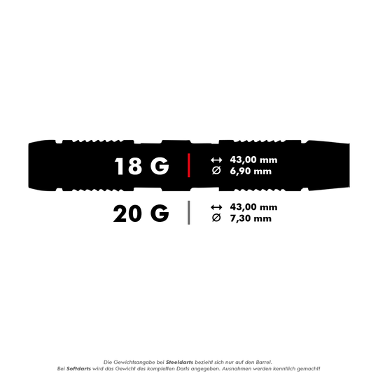 Unicorn Ballista Style 2 miękkie lotki Das Bild zeigt die technischen Daten von zwei Darts: 18 Gramm mit 43,00 mm Länge und 6,90 mm Durchmesser sowie 20 Gramm mit 43,00 mm Länge und 7,30 mm Durchmesser. Unten steht ein Hinweis zur Gewichtangabe bei Steeldarts und Softdarts.