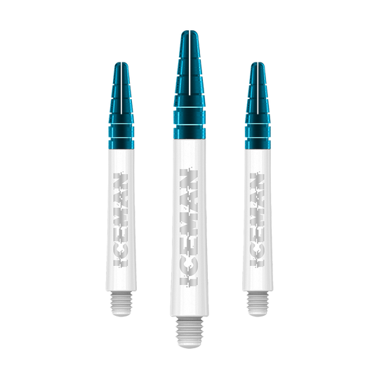 Auf dem Bild sind drei weiße Dartschäfte mit blauen Spitzen zu sehen. Auf den Schäften steht das Wort "ICEMAN" in silberner Schrift.