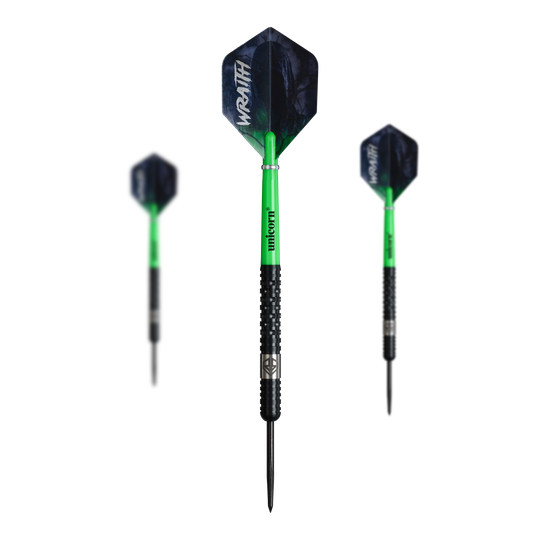 Unicorn Wraith Ross Smith Steeldarts mit einem Gewicht von 22g sind abgebildet. Die Darts sind für das Steeldartspiel geeignet.