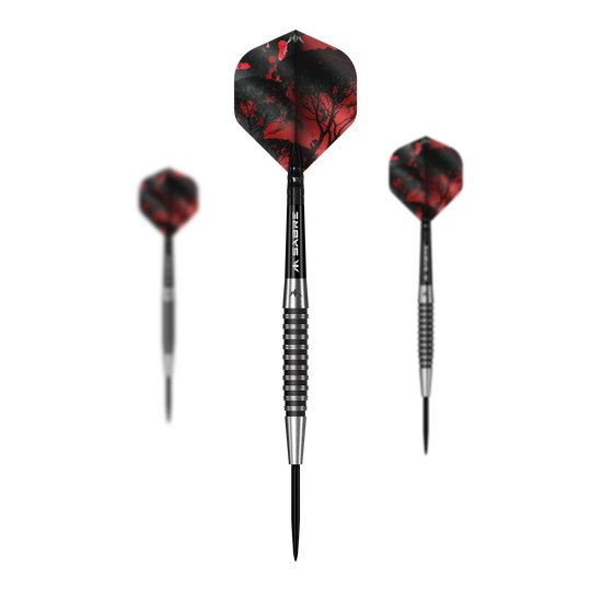 Auf diesem Bild sieht man das Set Mission Kunai Black PVD Steeldarts - 23g. Das Set besteht aus mehreren schwarzen Steeldarts mit einem Gewicht von 23 Gramm.