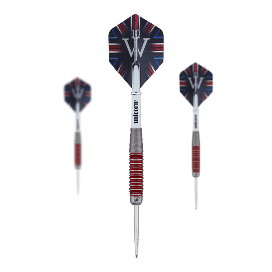 Unicorn The Machine James Wade 90% stalowe rzutki Das Bild zeigt drei Steeldarts des Produkts "Unicorn The Machine James Wade 90% Steeldarts". Die Darts haben rote und silberne Griffringe sowie Flights mit einem schwarz-blauen Muster und den Initialen "JW".