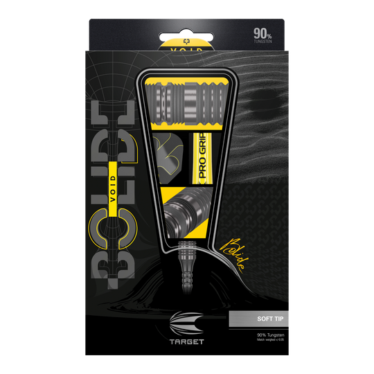 Target Bolide Void 10 miękkich rzutek Das Bild zeigt die Verpackung der "Target Bolide Void 10 Softdarts". Die Verpackung ist schwarz-gelb gestaltet und hebt die Darts mit 90% Tungsten-Anteil hervor.