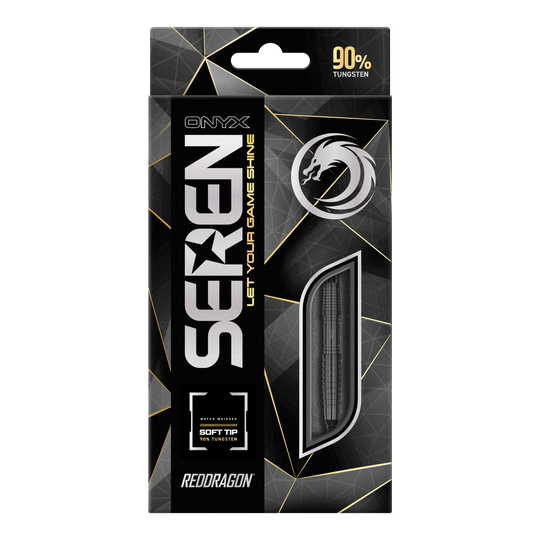 Die Abbildung zeigt die Verpackung der "Red Dragon Seren 3 Onyx Softdarts - 20g". Auf der Schachtel steht, dass die Darts zu 90% aus Tungsten bestehen und eine Softspitze haben.