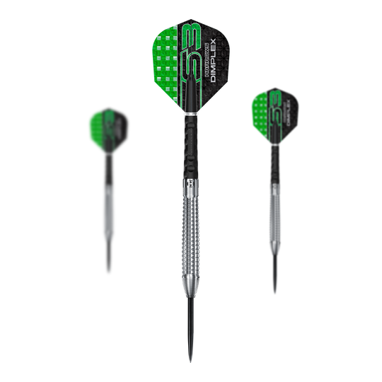 Harrows Dimplex S3 stożkowe stalowe lotki Das Bild zeigt drei Steeldarts der Marke "Harrows Dimplex S3 Tapered". Die Flights sind schwarz-grün und die Barrel sind silberfarben mit einer geriffelten Struktur.