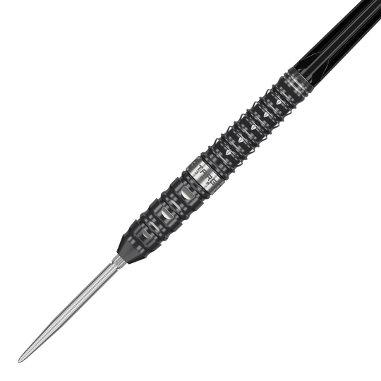 Das Bild zeigt die Target Japan Black Marque Eclipse Swiss Point Steeldarts mit einem Gewicht von 23g. Diese hochwertigen Darts sind für Präzisionswürfe im Dartspiel entwickelt.