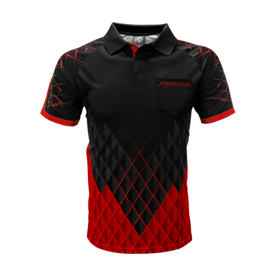 HRS-26036_Harrows_Paragon_Dartshirt_Rot_1 Das Bild zeigt das Harrows Paragon Dartshirt in Rot. Das Shirt hat ein modernes, schwarzes und rotes Muster mit geometrischen Formen und einem kleinen Brusttasche mit dem Schriftzug "HARROWS".