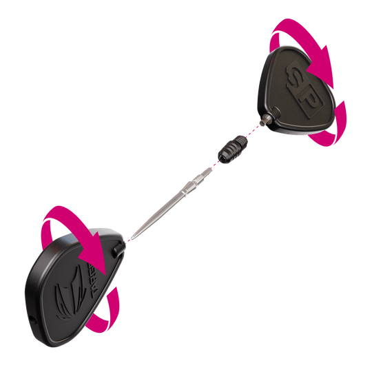 Konwerter Target Swiss Point 2BA – czarny Das Bild zeigt den Target Swiss Point 2BA Converter in Schwarz. Zwei schwarze Werkzeuge und ein Converter mit einer Dartspitze sind abgebildet, mit Pfeilen, die eine Drehbewegung anzeigen.