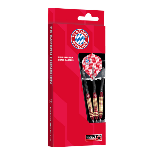 Lotki mosiężne i stalowe Bulls FC Bayern Munich - 21g Das Bild zeigt die Bulls FC Bayern München Brass Steeldarts mit 21 Gramm Gewicht. Die Darts sind im Design des Fußballvereins FC Bayern München gehalten.