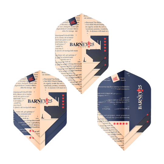 Kieruj na standardowe loty ProUltra Raymond Van Barneveld Barney25 Das Bild zeigt drei Sätze von Target ProUltra Raymond Van Barneveld Barney25 Standard Flights. Die Flights sind in Beige und Dunkelblau gestaltet und tragen den Aufdruck "BARNEY25" mit roten Sternen.