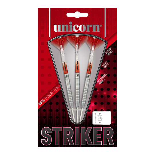 Unicorn Core XL Striker Style 1 Steeldarts - 22g Auf dem Bild sind drei Unicorn Core XL Striker Style 1 Steeldarts mit einem Gewicht von 22g zu sehen. Die Verpackung ist rot-schwarz gestaltet und hebt 80% Tungsten-Barrels hervor.
