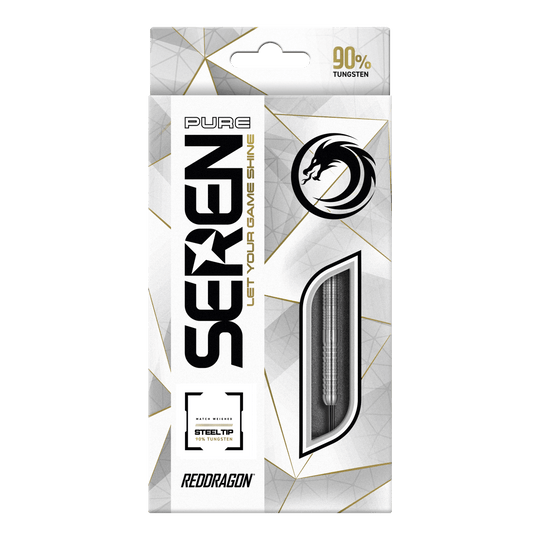 Red Dragon Seren 1 Czyste Steeldarts Die Verpackung zeigt das Produkt "Red Dragon Seren 1 Pure Steeldarts". Auf der Vorderseite wird hervorgehoben, dass die Darts aus 90% Tungsten bestehen.