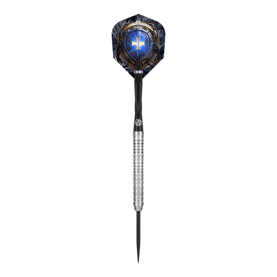 Dies ist ein Shot Future Knights Ironsoul Steeldart. Der Dart hat ein silbernes Griffstück und eine auffällig gestaltete blaue Flight mit einem leuchtenden Sternmotiv.