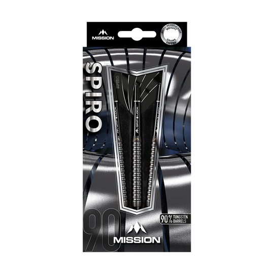 Auf dem Bild ist eine Packung Mission Spiro Model 1 Softdarts mit einem Gewicht von 20g zu sehen. Die Darts bestehen zu 90% aus Tungsten und befinden sich in einer modernen, schwarz-silbernen Verpackung.