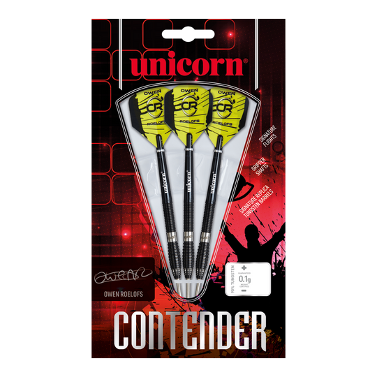 Das Bild zeigt die "Unicorn Contender Owen Roelofs Steeldarts - 22g" im Originalverpackung. Drei Darts mit gelben Flights sind prominent auf einem rot-schwarzen Hintergrund zu sehen.