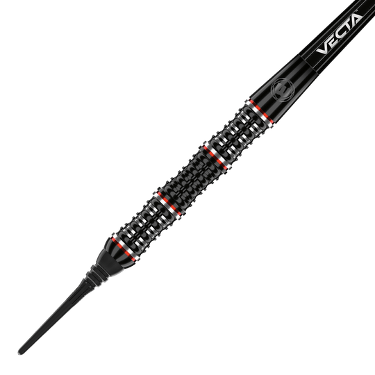 2440_Winmau_Mervyn_King_Special_Edition_Softdarts_2 Auf dem Bild ist der Winmau Mervyn King Special Edition Softdart zu sehen. Der Dartpfeil ist schwarz mit rot-weißen Akzenten und hat ein markantes, geriffeltes Griffdesign.