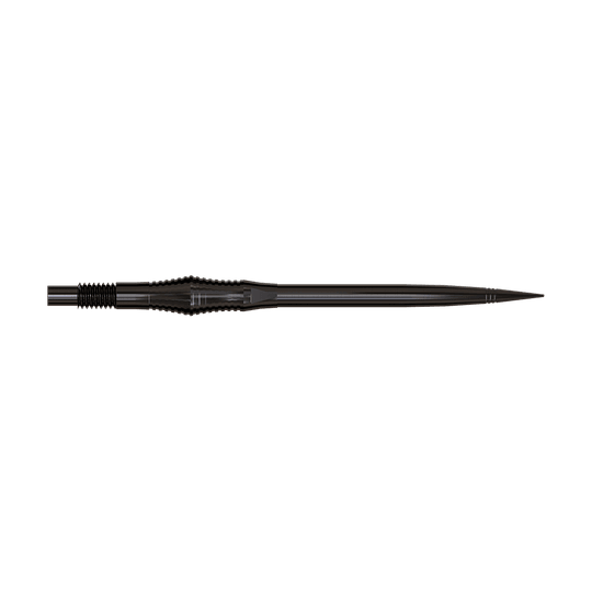 Dartspitzen der Spire Black Elite Serie sind zu sehen. Sie sind schlank und dunkel.