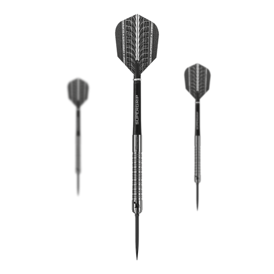 Lotki stalowe Harrows Supergrip 90 Quick Point Die Harrows Supergrip 90 Quick Point Steeldarts sind als Set abgebildet. Das Set enthält mehrere Dartpfeile auf weißem Hintergrund.