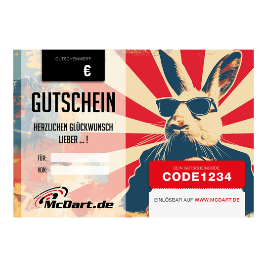 Bon wielkanocny Das Bild zeigt einen Oster-Gutschein von McDart.de mit einem coolen Hasen mit Sonnenbrille. In der Mitte steht „Gutschein“ und rechts ist ein Feld für den Gutscheincode.
