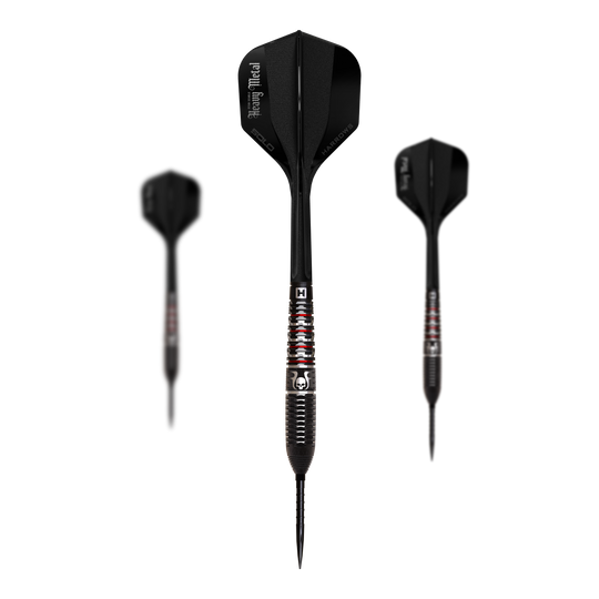 Harrows Ryan Searle Geo Quick Point Steeldarts Ein Komplettset Steeldarts aus der Ryan Searle GEO QuickPoint Serie ist zu sehen. Die Darts glänzen in Silber und Grau.