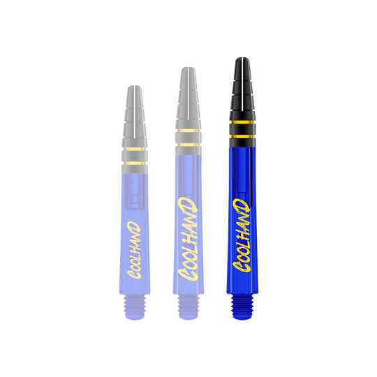 Red Dragon Nitrotech Luke Humphries Coolhand Shafts - Niebieski Das Bild zeigt drei blaue Dartschäfte mit der gelben Aufschrift "COOLHAND". Die Spitzen der Schäfte sind schwarz mit goldenen Ringen verziert.