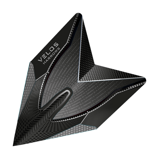 HR1014_Harrows_Smokey_2020_Velos_Flights_1 Dies ist ein Harrows Smokey Velos Flight für Darts. Das Flight hat ein modernes, schwarzes Design mit grafischen Mustern.