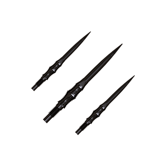 Apex Spire Black Elite Serie Dartspitzen in 30mm sind abgebildet. Sie sind dunkel und schlank.