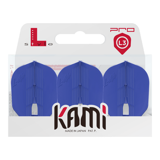 Loty KAMI L3PRO w stylu L Das Bild zeigt eine Verpackung mit drei blauen Dart-Flights der Marke L-Style. Auf der Verpackung steht "kami" und "Made in Japan".