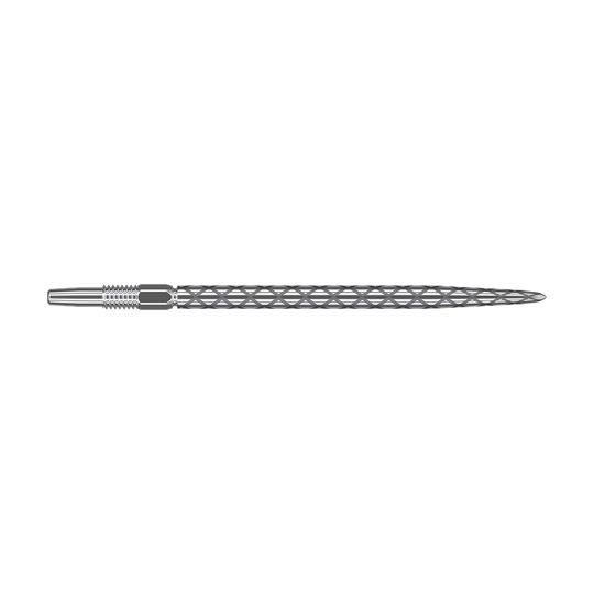 Końcówki do lotek Target Swiss Diamond Pro Silver Points Das Bild zeigt eine silberne Dartspitze mit einem rautenförmigen Muster auf der Oberfläche. Sie ist lang und schmal gestaltet und besitzt ein Schraubgewinde am hinteren Ende.