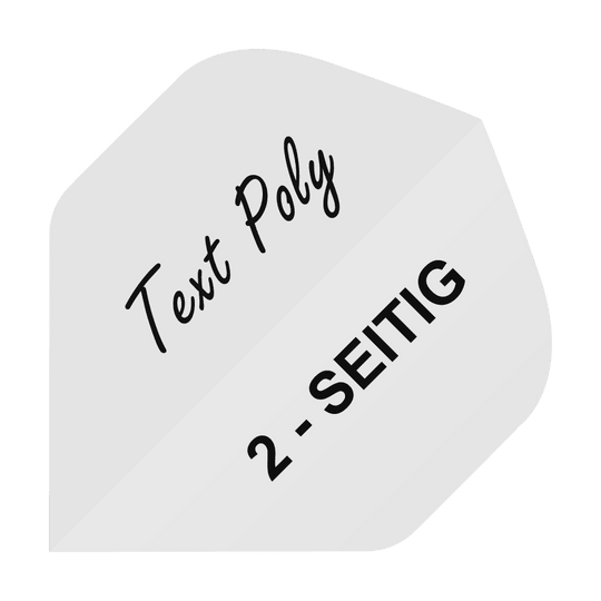 Das Bild zeigt einen weißen Hintergrund mit dem Text "Text Poly" und "2-SEITIG" darauf. Die Schriftarten sind unterschiedlich gestaltet und die Wörter sind schräg angeordnet.