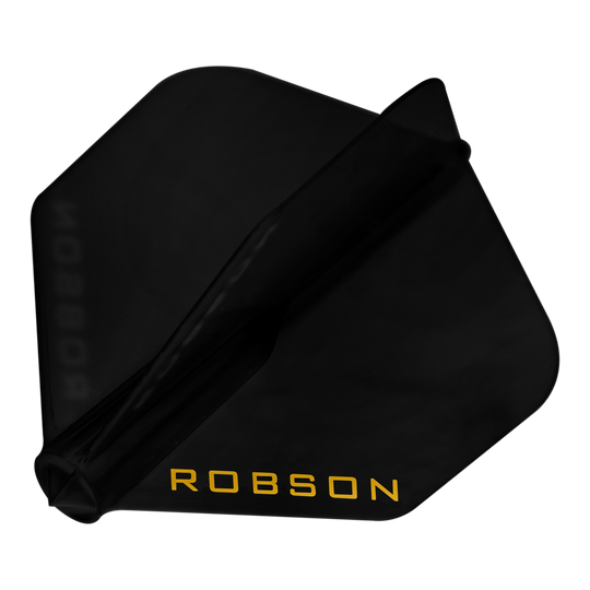 Loty Robson Plus - NO6 Das Bild zeigt einen schwarzen Dartflug. Auf dem Flug steht in gelber Schrift das Wort "ROBSON".