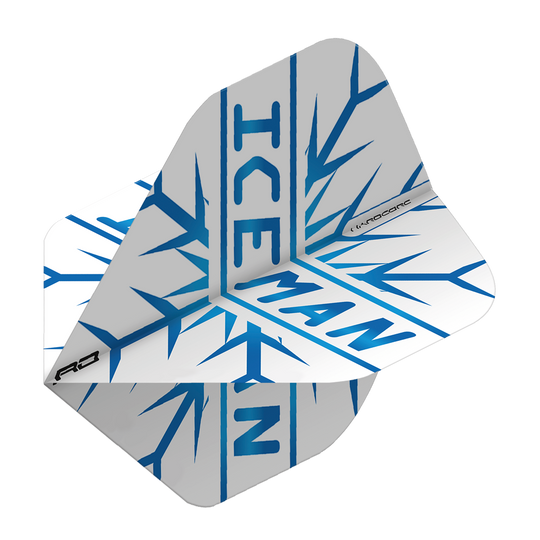 TF6421_RedDragon_Hardcore_Gerwyn_Price_Iceman_Standard_Flights_2 Das Bild zeigt einen weißen Dartflight mit blauen Eiszapfen und dem Schriftzug "ICEMAN". Es handelt sich um das Modell "Red Dragon Hardcore Gerwyn Price Iceman Standard Flights".