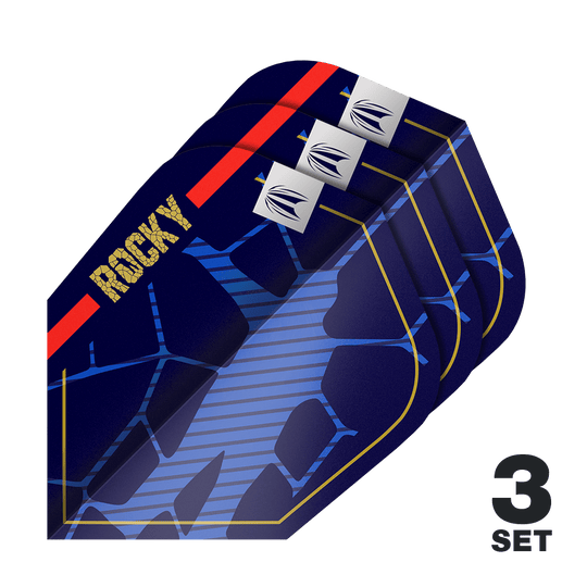 Lotki Target Pro Ultra Josh Rock GEN1 Ten-X - 3 zestawy Das Bild zeigt drei Sätze der Target Pro Ultra Josh Rock GEN1 Ten-X Flights. Die Flights sind dunkelblau mit goldenen, roten und blauen Akzenten und dem Schriftzug "ROCKY".