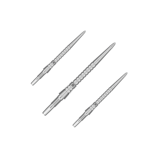 Mehrere silberne Dartspitzen bilden ein Set. Sie sind gerade nebeneinander platziert.