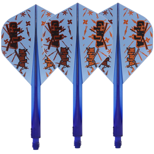 Das Bild zeigt vier blaue Condor Axe Ginja Ninja Matt Campbell Flight-Shafts in Standardform. Auf den Flights sind orangefarbene Ninja-Motive und Schriftzüge zu sehen.